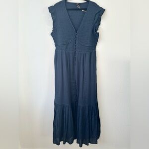 NWT Organic Textured Cotton Smocked V-Neck Midi Dress sz L